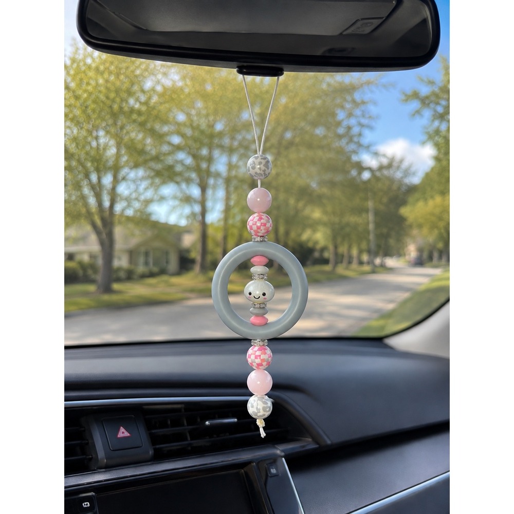 Handmade Pink Grey Dumpling Silicone Bead Car Charm Rearview Mirror Accessory